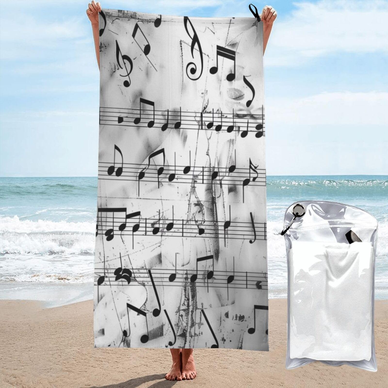 BWWHCCTI Music Notes Print Printed Microfiber Quick Dry Beach Towel 80x160 CM, Fast Drying Bath Towels with Bags for Travel,Camping,Gym,Beach,Swimming,Yoga