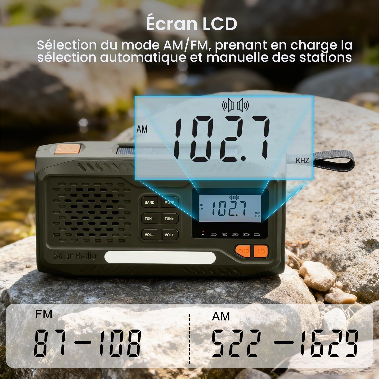 Radio Survie, Radio Solaire Portable à Piles avec Batterie Rechargeable 4500mAh, AM/FM à Manivelle, Écran, Kit d'urgence avec Lampe, Alarme SOS et Le Chargement d'urgence du Téléphone Intelligent