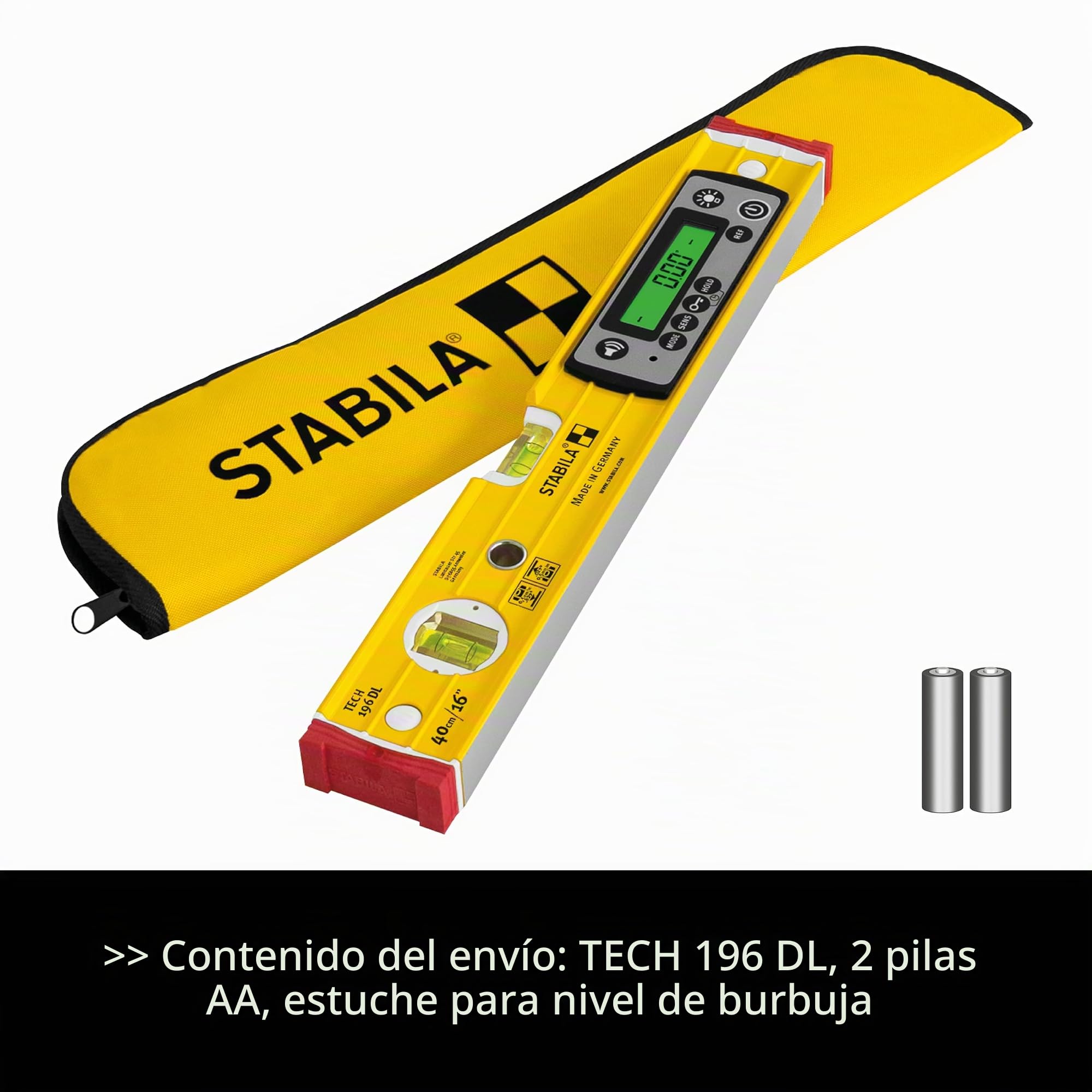 STABILA TECH 196 DL - Nivel de burbuja digital (resistente al agua y al polvo, IP67, 2 pantallas digitales, sin calibración, con bolsa, 40 cm)