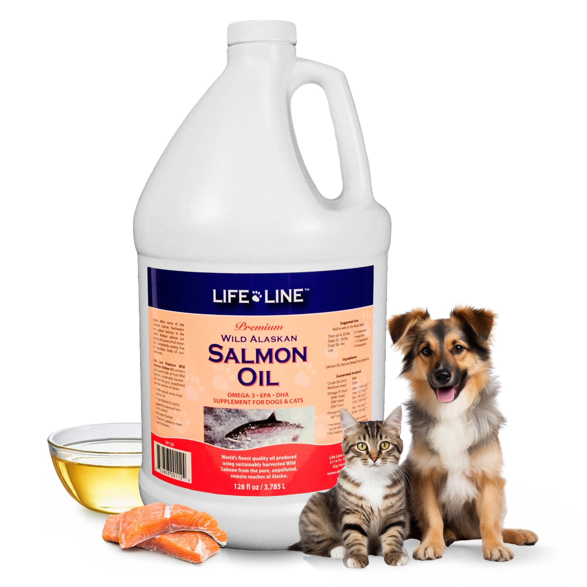 Life Line Wild Alaskan Salmon Oil for Dogs & Cats | Omega-3 Fish Oil Supplement for Skin Health, Shiny Coat & Joint Support – 128 oz