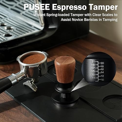 Miniatura 10 de PUSEE Manipulador de café expreso de 2.098 in, manipulador de café calibrado con 30 libras de doble resorte de madera de nogal para barista hogar,