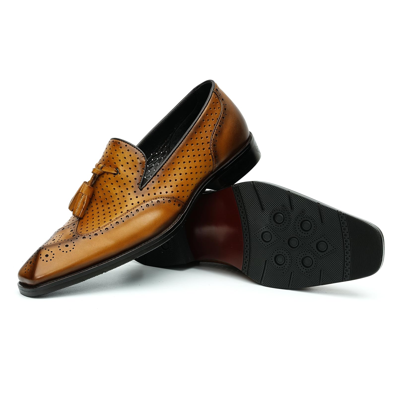 Mocasines con Borlas para Hombres Brogues Huecos Transpirables Zapatos Slip On en Cuero