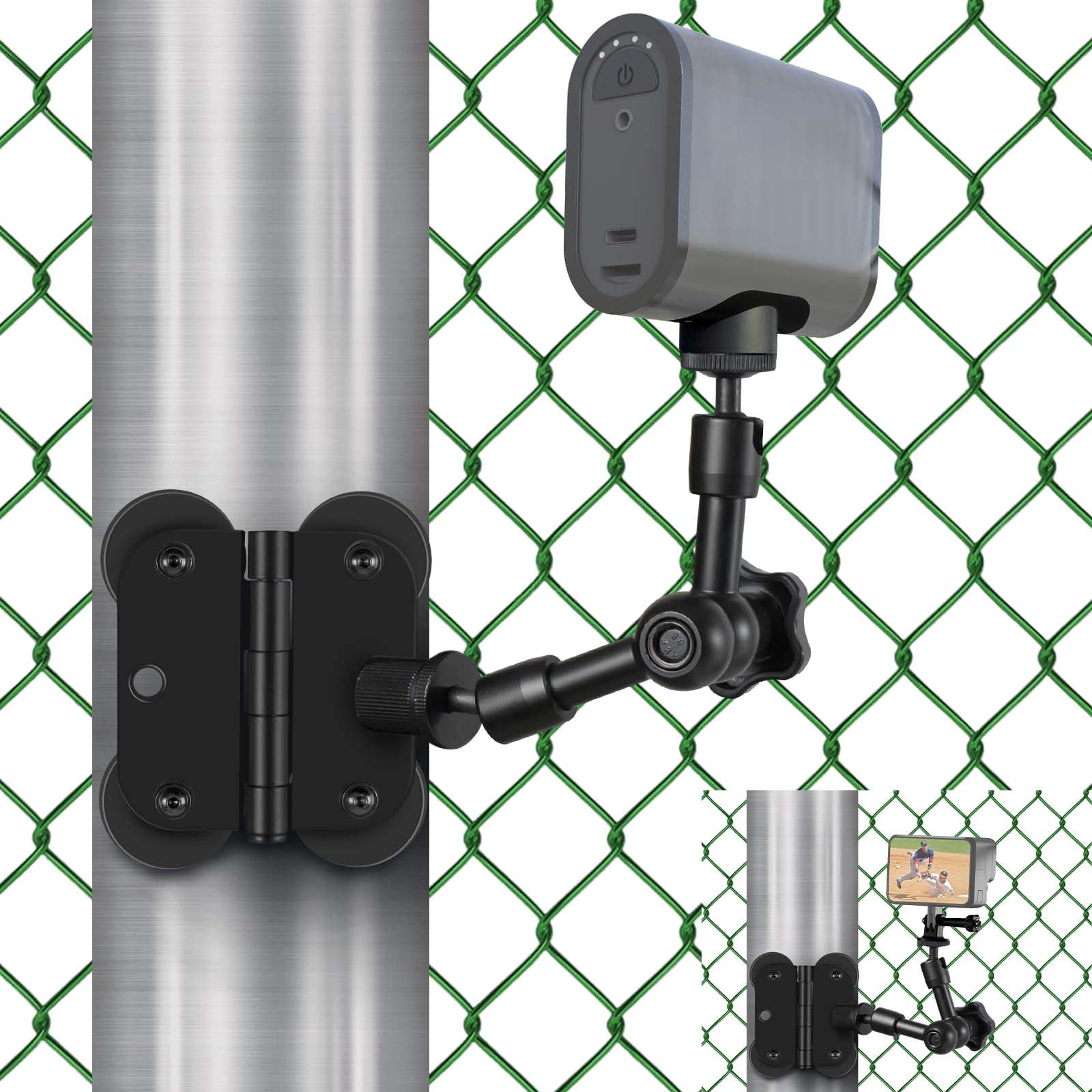 Magnetic Fence Mount for Mevo Start, GoPro, iPhone, and Action Cameras – Magnetic Metal Kit with Dual Mount Points for Recording Baseball, Softball, and Tennis Games