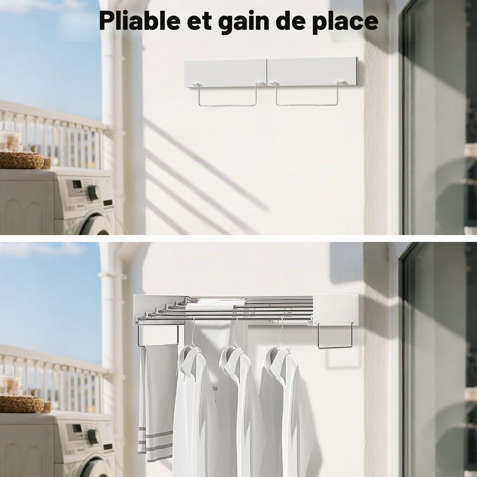 Etendoir a linge mural, sechoir linge mural pour sécher les vêtements, 39,4'', capacité de charge de 110 lb, avec gabarit mural, tournevis, foret pour organisation intérieure et extérieure (100cm)