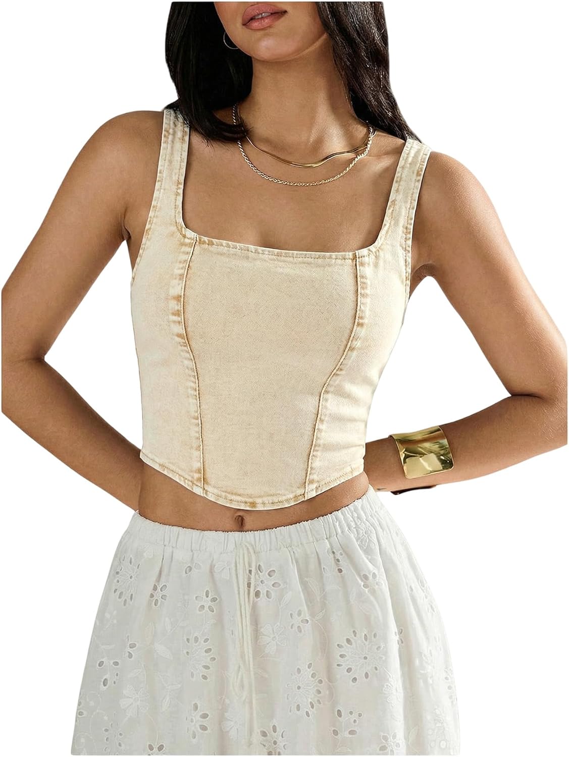SHENHE Women's Denim Tank Top Sleeveless Square Neck Backless Slim Fit Y2k Crop Top