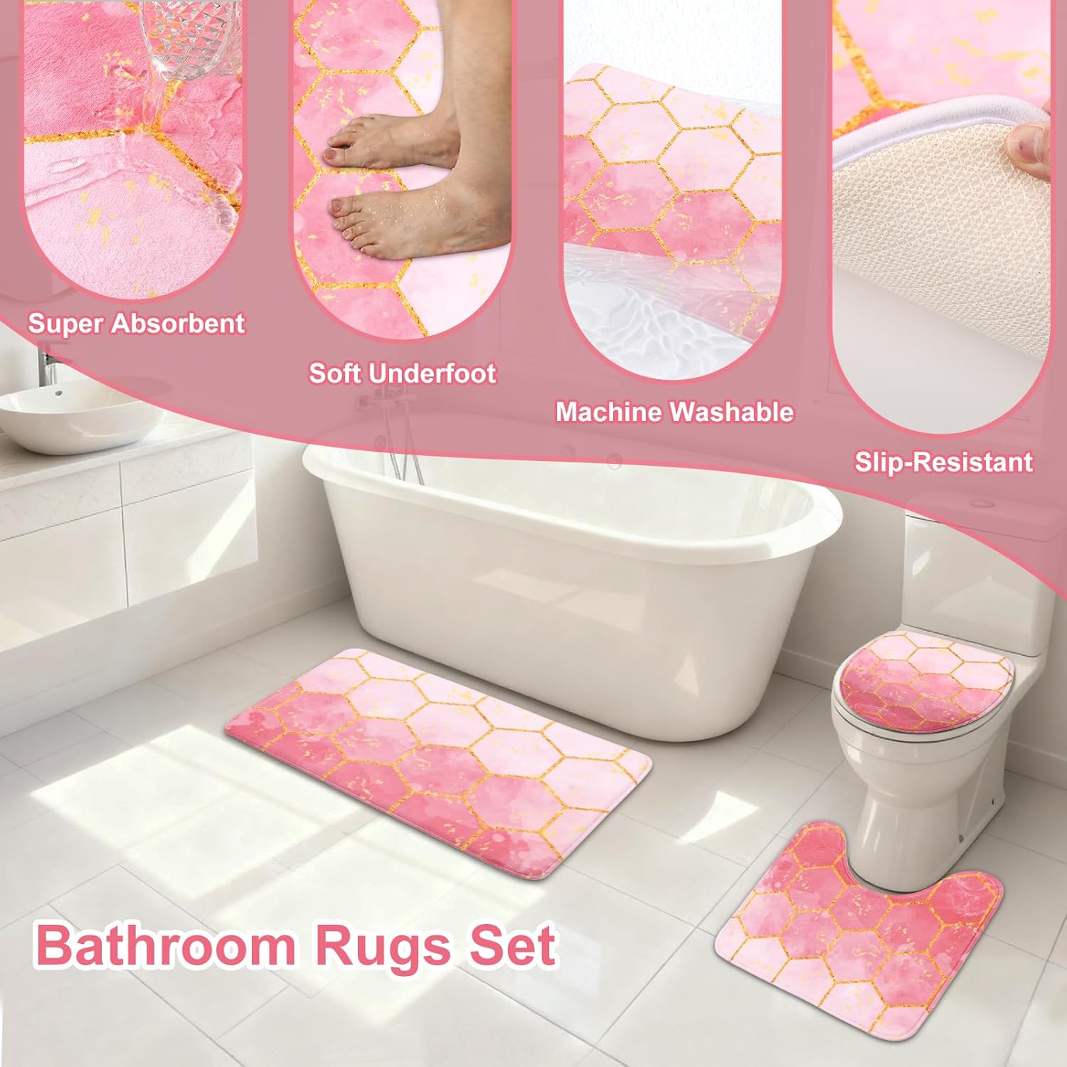 25 Pieces Bathroom Set Pink and Gold Bathroom Accessories Set, Shower Curtain and Rugs, Trash Can, Toilet Brush, Soap Dispenser, Soap Dish, Toothbrush Holder, Tumbler, Tray, Qtip Holder for Home Decor