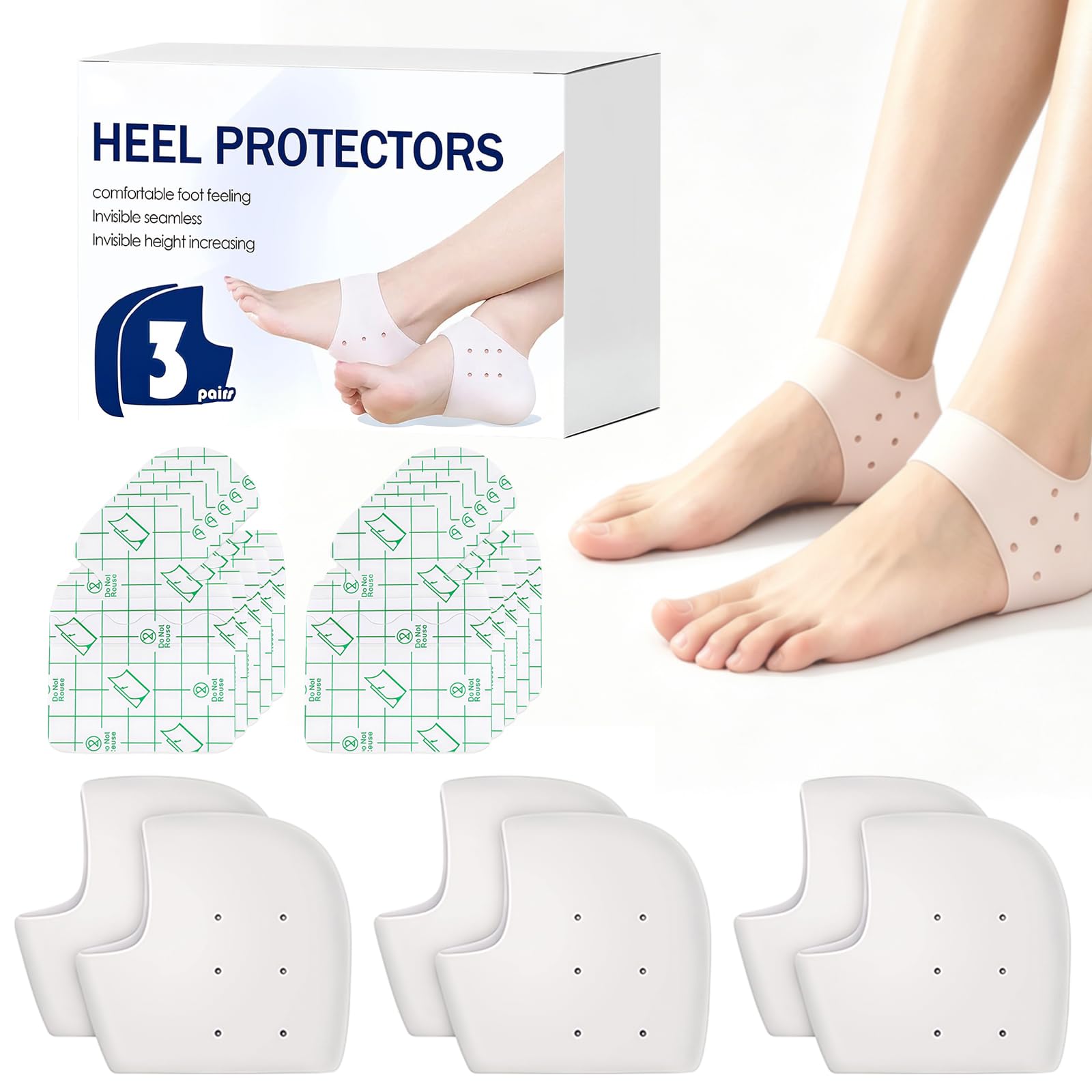 3 Pares Transpirables Protector De Silicona Para TalóN +10 Piezas Tiritas Taloneras, Calcetin Taloneras De TalóN Hidratantes, Contra Deslizamientos Y Frotamientos, Alivia PresióN Plantar, Blanco