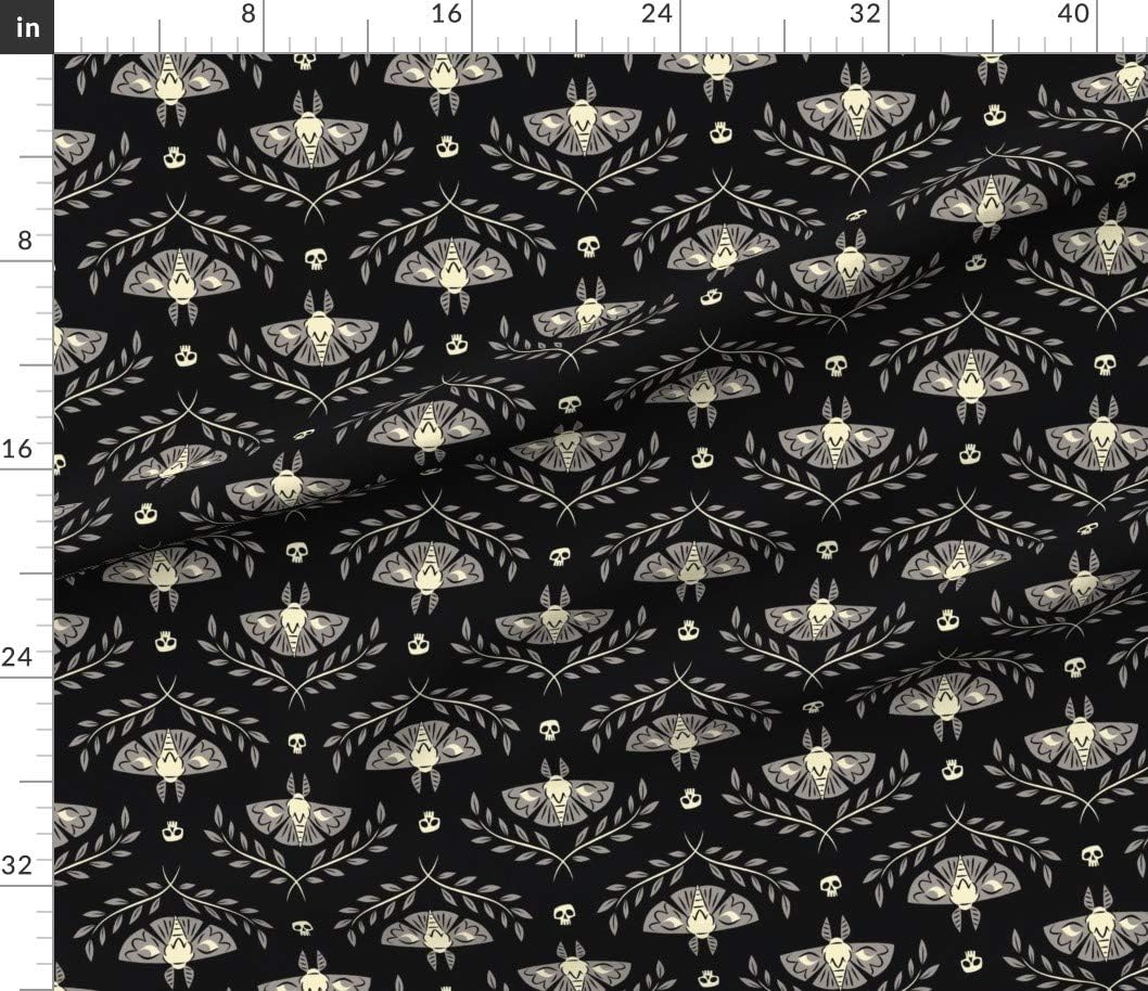 Spoonflower Fabric - Spooky Moth Damask Black Skull Halloween October Deaths Head Bone Printed on Petal Signature Cotton Fabric by The Yard - Sewing Quilting Apparel Crafts Decor