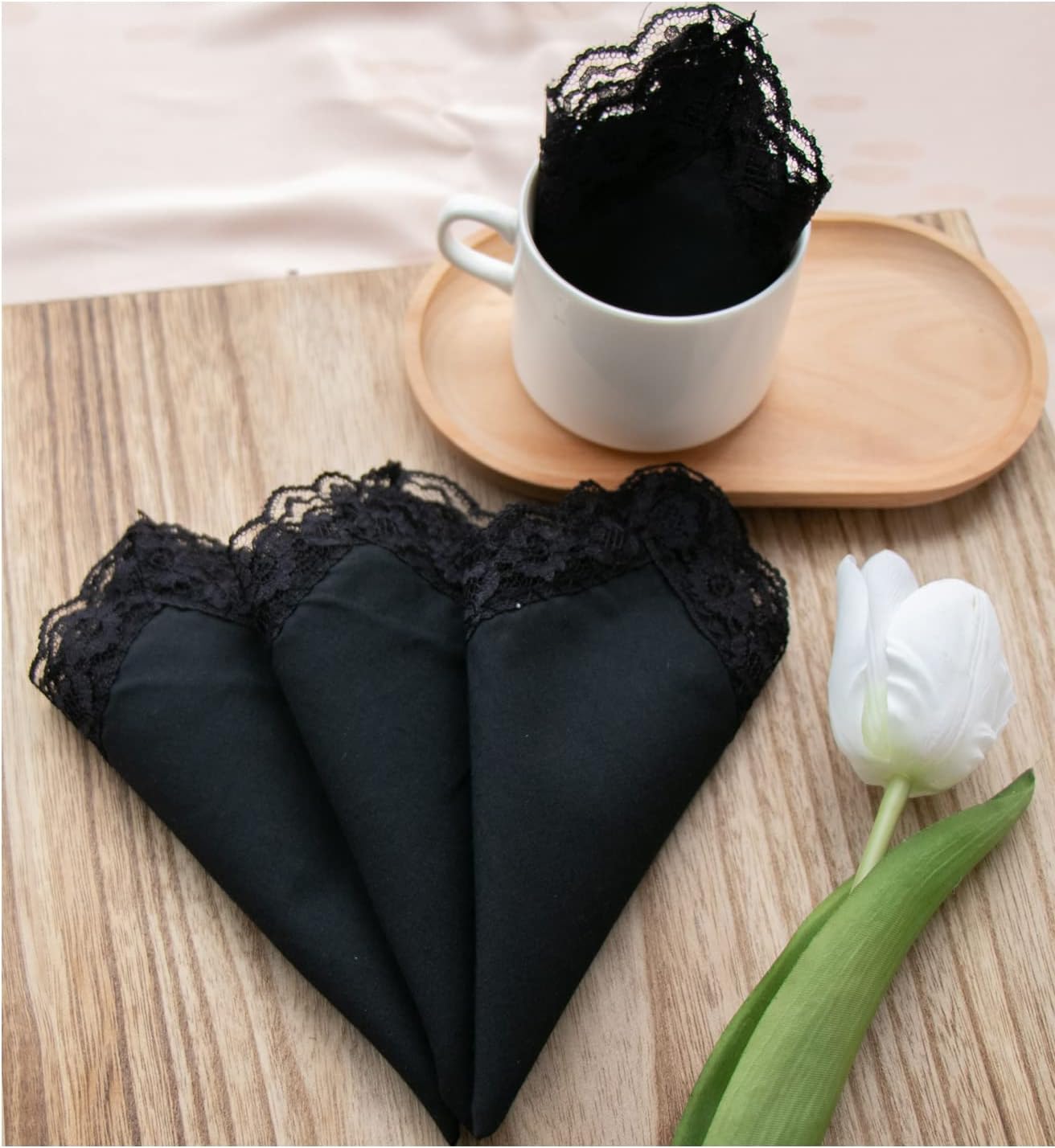 Woemsn Handkerchiefs White Soft Cotton Embroidery Black Ladies Lace Hankies