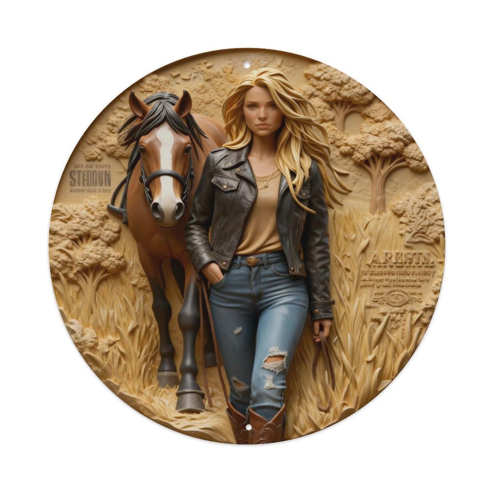 Autumn Leaves Forest Path Horse Round Metal Tin Sign Vintage Wall Decor, Bar Garage Cafe Kitchen Home Wall Art Poster 8x8inches