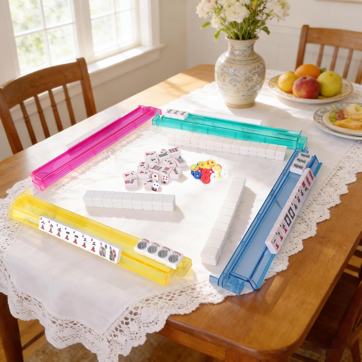 American Mahjong Set Complete 166 White Tiles with 4 All-in-One Mahjong Racks with Pushers, Travel Mahjong Game Set with Carrying Bag, Full Mahjong Accessories for Family Party