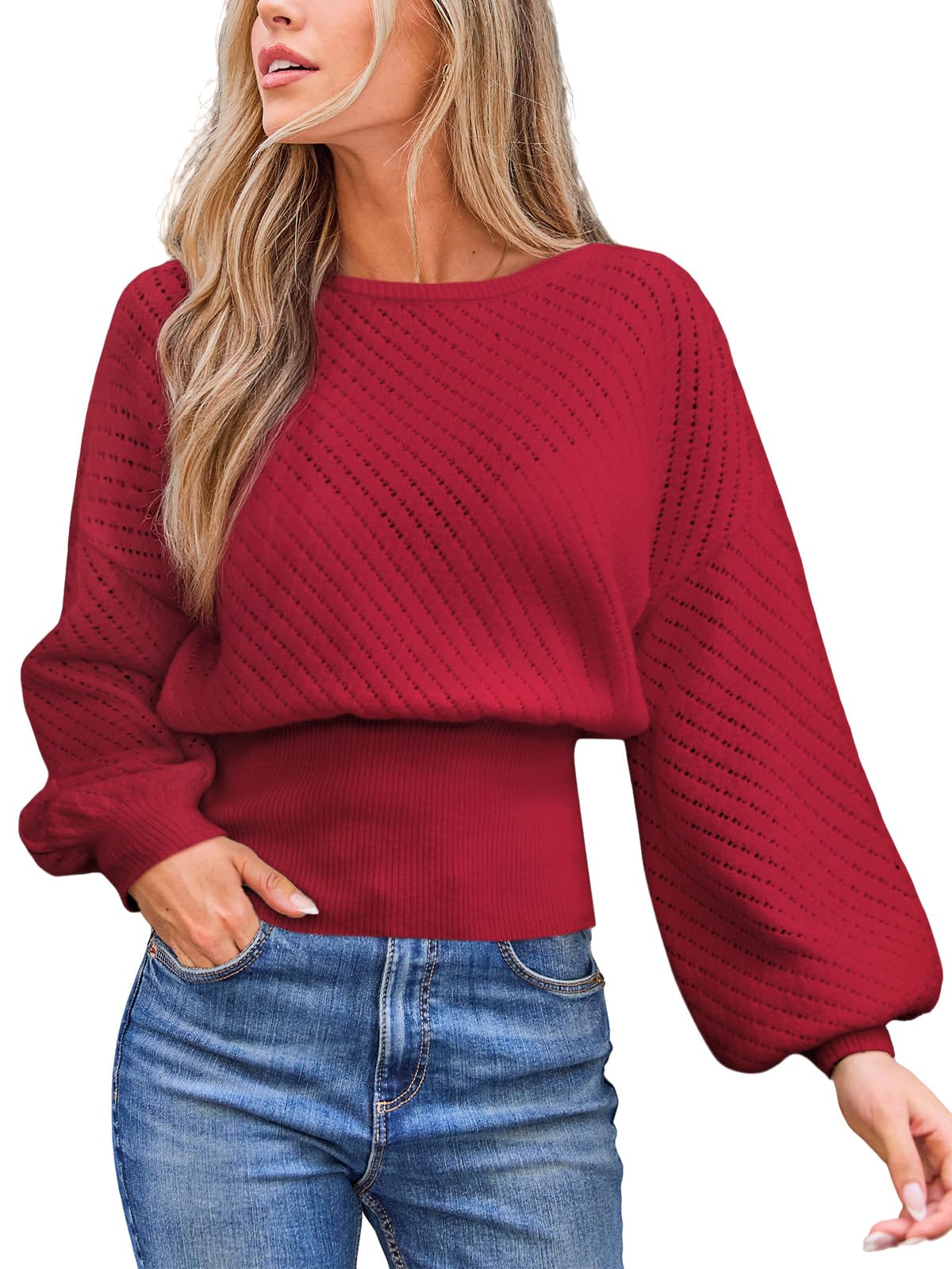 CUPSHE Womens Trendy Knit Sweater 2025 Boatneck Puffy Sleeves Cinched Waist Pullover Tops Fall Fashion Casual Blouse