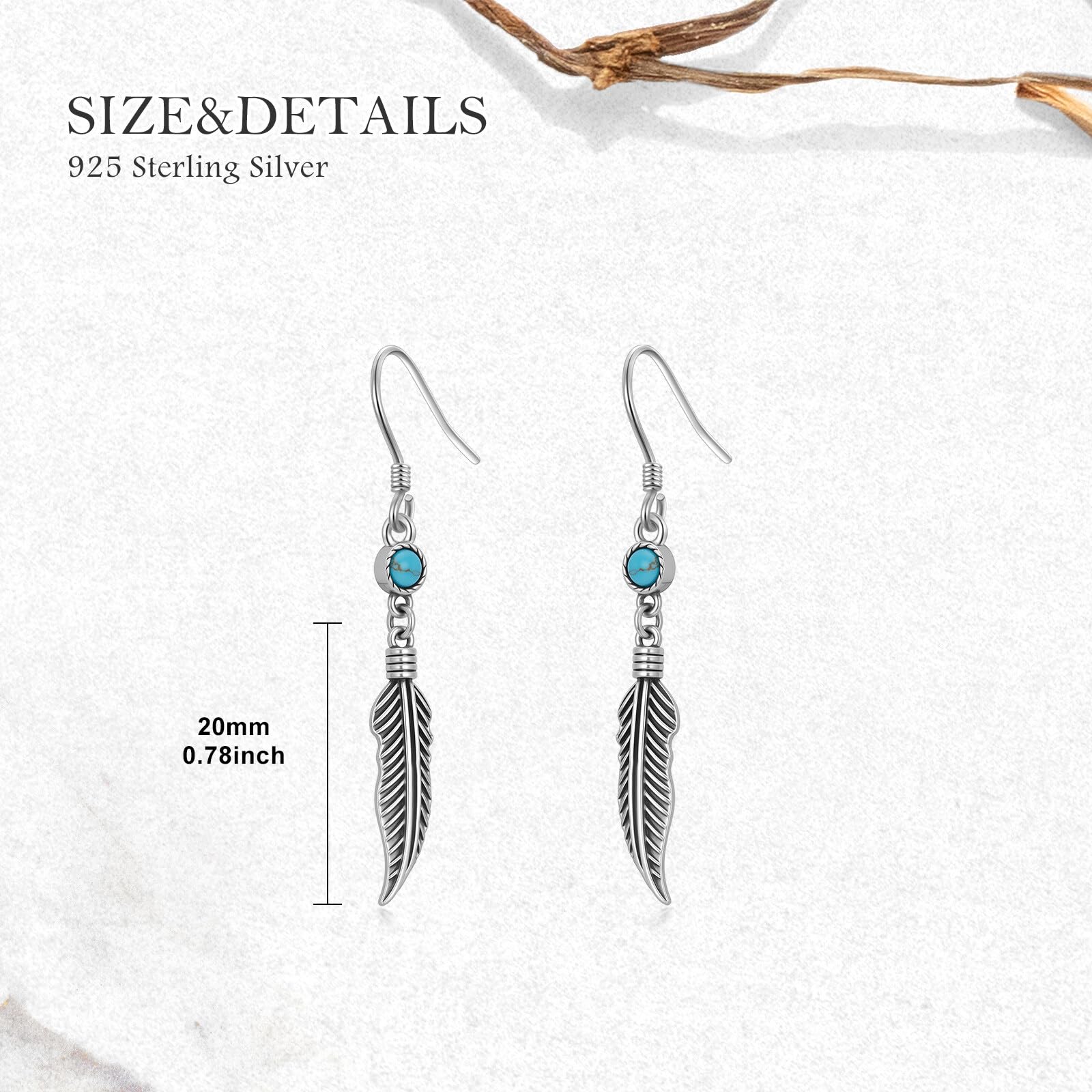 Orecchini pendenti in argento Sterling 925 con vera piuma turchese, orecchini pendenti da donna