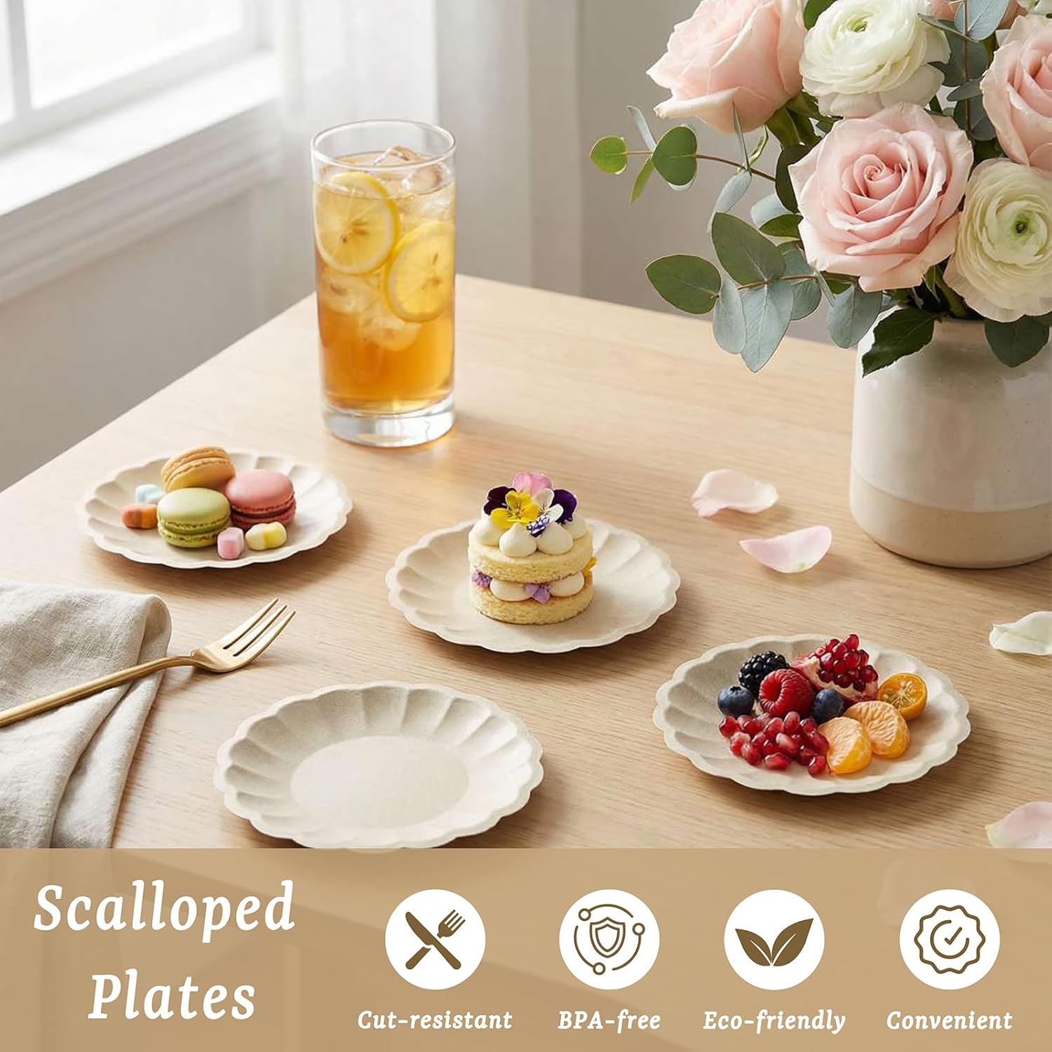 WELLIFE 100 Pack 7 Inch Natural Color Paper Plates - Scalloped Snack Plates for Eco Parties, Outdoor BBQ,Picnic -100% Compostable Biodegradable Bagasse, Microwave Safe