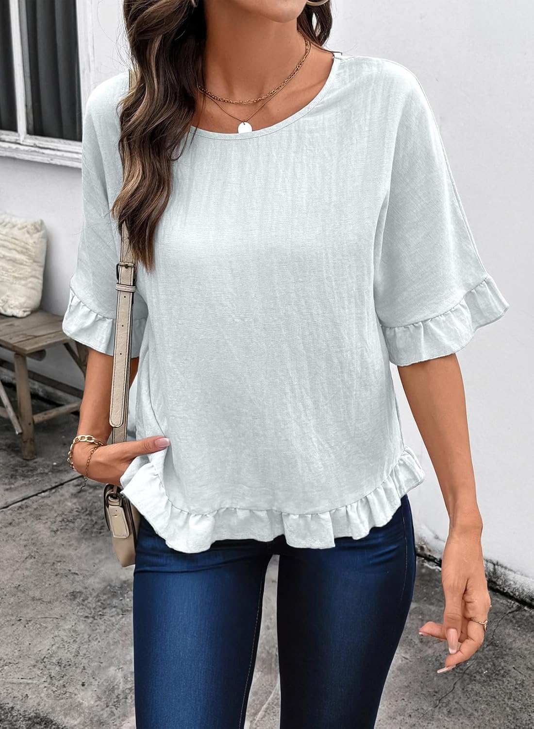 EVALESS Womens T Shirts Cute Ruffle Short Sleeve Crewneck Casual Linen Tops 2026 Summer Fashion Clothes - Image 3