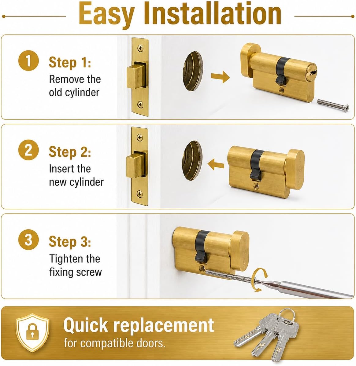 65mm Euro Profile Lock Cylinder with 3 Keys, 27.5/10/27.5 Single Open Brass Door Lock Cylinder, Anti-Rust Corrosion Resistant Anti-Theft Replacement Cylinder for Wood, Metal, Satin Brass