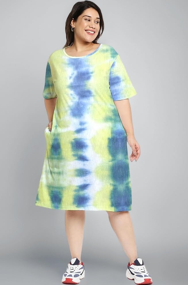Wear Your Opinion Women's Plus Size Tie-Dye Printed Midi Knee Length Tshirt Dress