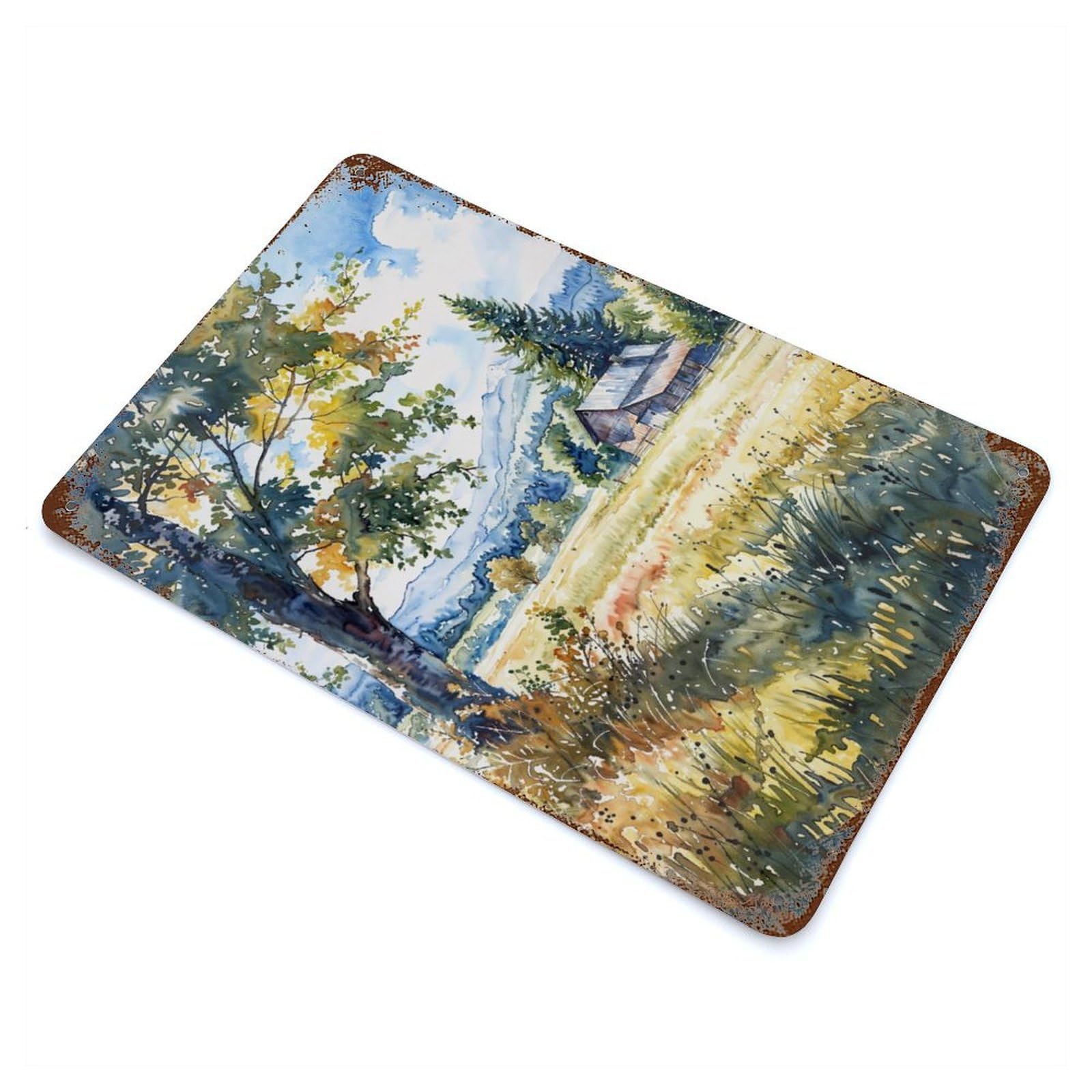 Harvest Cabin View Rust Effect Tin Sign 11.8"x7.9", Ideal for Farmhouse, Kitchen And Entryway Decor