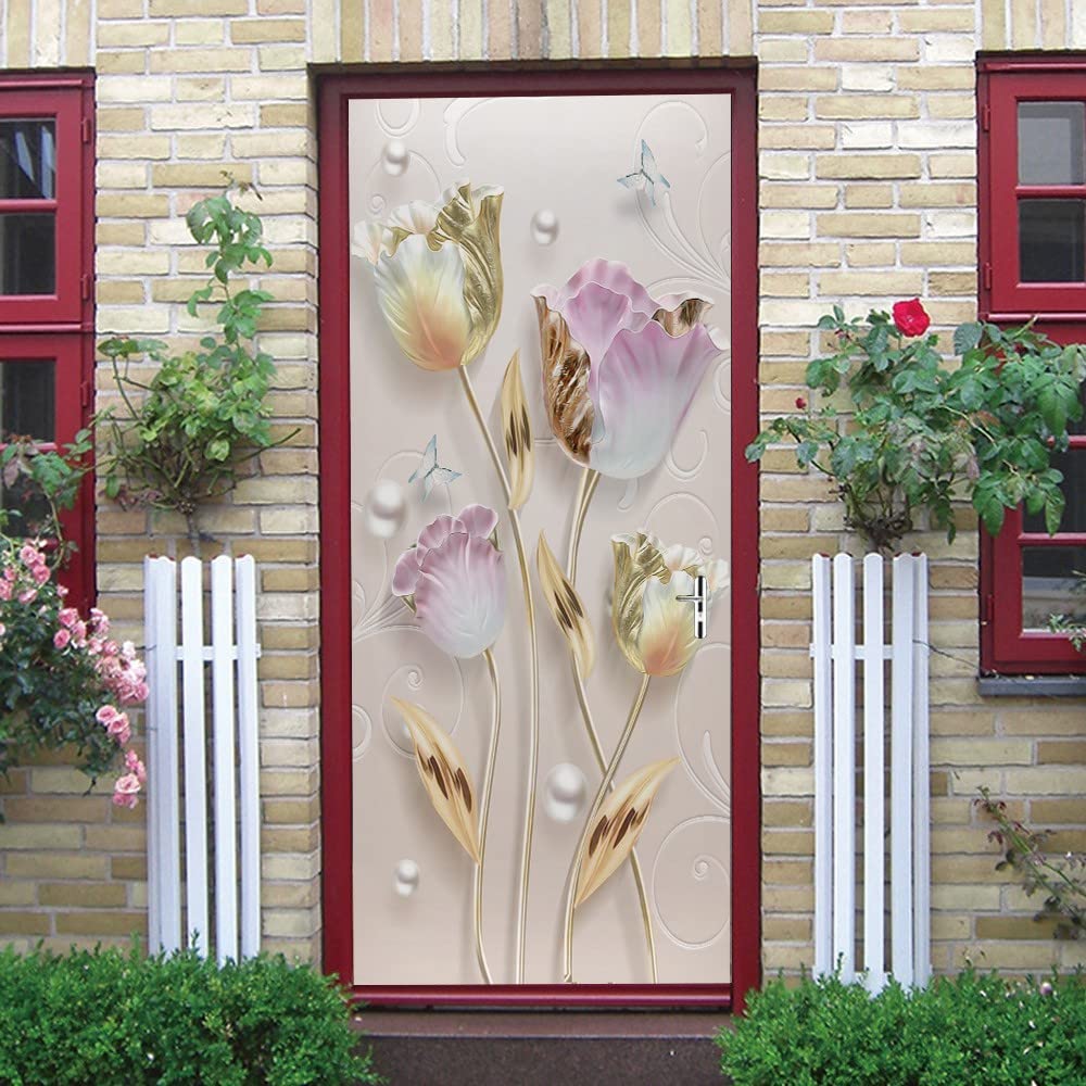 Autocollant De Porte 3D Fleurs Lilas - 77x200 Cm, Vinyle Auto-adhésif Imperméable - Décor Salon, Chambre, Salle De Bain