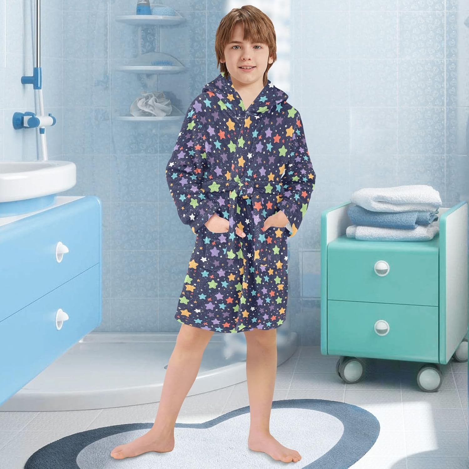 senya Xute Many Stars Toddler Hooded Bathrobe Kids Soft Plush Bath Towel Robes for Boys Girls 2-12 Years