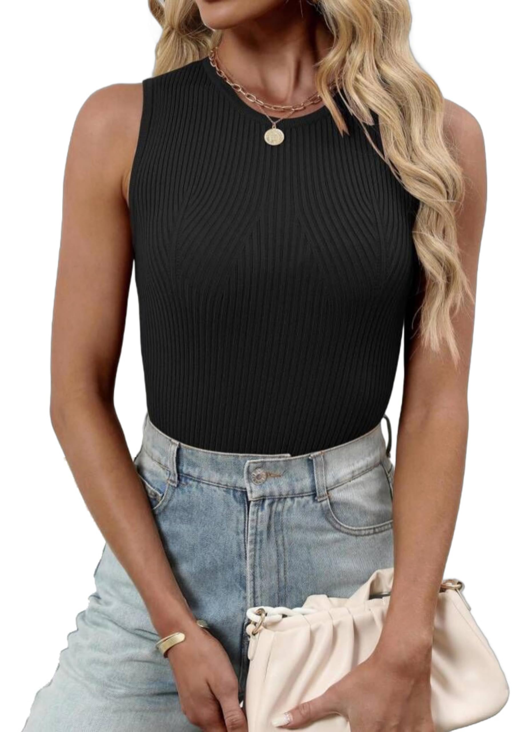 Jhsnjnr Damen Geripptes Tank Top Slim Fit Dehnbar Basic Strick Ärmellose Bluse Hoher Rundhalsausschnitt Sexy Sommer Oberteile