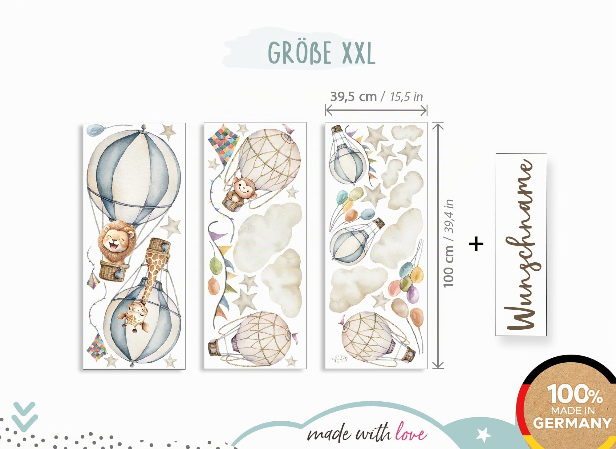 Little Deco Wandsticker Kinderzimmer Tiere Heißluftballon personalisiert Wandtattoo AFFE Löwe Wandaufkleber mit Name Babyzimmer Deko DL5094-05