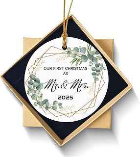 Wedding Gifts for Couples - First Christmas Married Ornament 2025 - Ceramic Christmas Tree Decoration, Keepsake for Newlyweds - Mr and Mrs