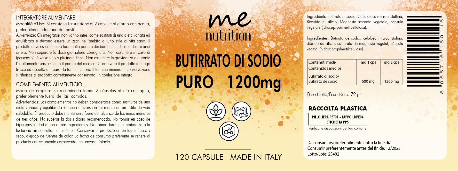 Butirrato di Sodio Puro 1200mg per dose - 120 Capsule - Supporto al Microbiota Intestinale, Benessere per Intestino e Funzionalità Digestiva - Fonte di Acido Butirrico - Made in Italy Me Myeasy