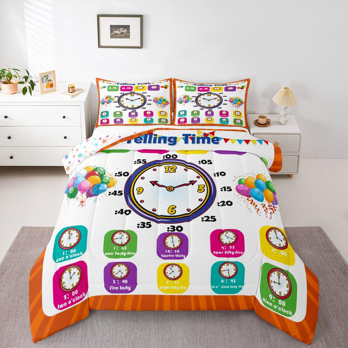 Feelyou Educational Bedding Set Queen, Time Learning Comforter for Kids Boys Girls Time Colock Comforter Set Educational Duvet Set 3Pcs