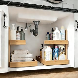 Bamboo Undersink Organizer Storage - 2-Tier Cabinet Shelf with Adjustable Levels, Under Sink Storage Slide Out for Cabinet Pantry Kitchen Bathroom (Natural, 2 Packs)