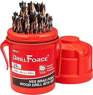 29PCS HSS Brad Point Wood Drill Bits Set for Carpenter Woodworking, 3-Flat Shank Black Gold for Hardwood, Plywood, Plastic 1/16"-1/2"