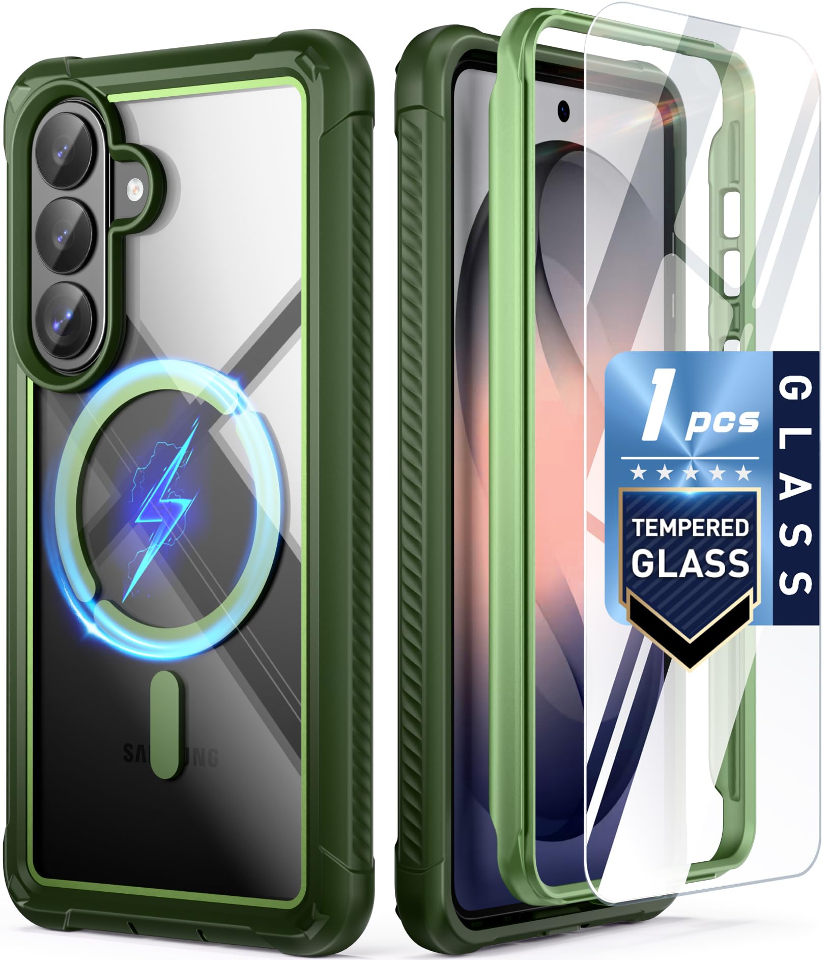 Guardian MagPro Case for Galaxy S26 6.3 Inch, MagSafe Compatible, Military Standard Drop Test from 6 Metres, 2 Screen Protectors, Full Body Protective Case for S26 Plus, Green/Clear