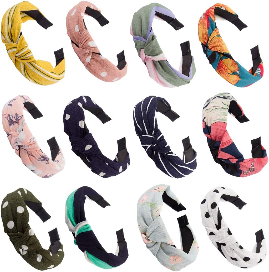 Ondder 12 Pack Knotted Headbands for Women, Turban Headbands for Women Hard Headband Headwear Cute Floral Headbands Hair Accessories for Women Ladies and Young Women (12 Pcs Knot Floral Headbands)