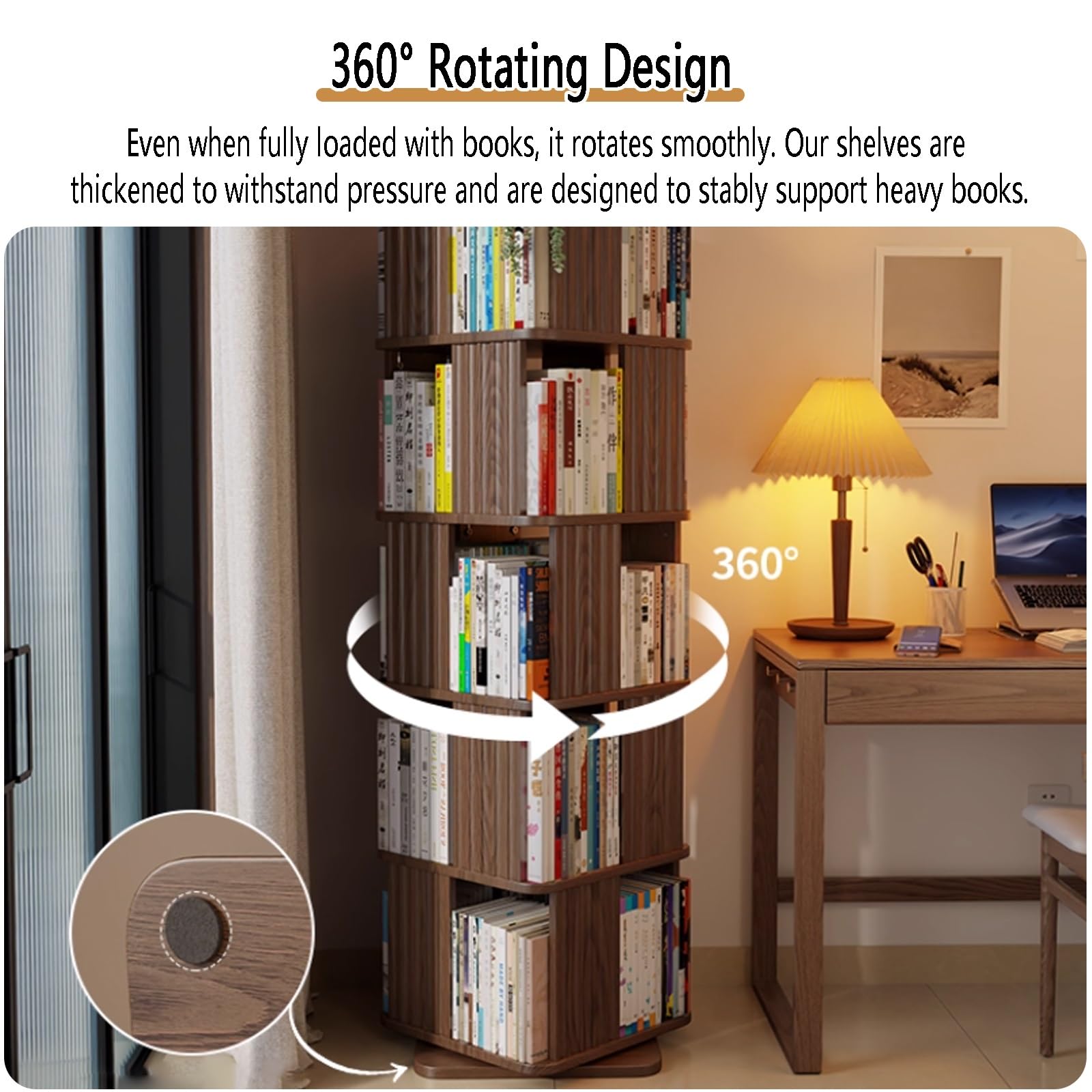 Libreria angolare in Legno di Gomma a 3/4/5 Ripiani, Rotazione a 360°,libreria Girevole da Terra con Scomparti,scaffale espositivo e portaoggetti per Adulti(White,4-Tier)
