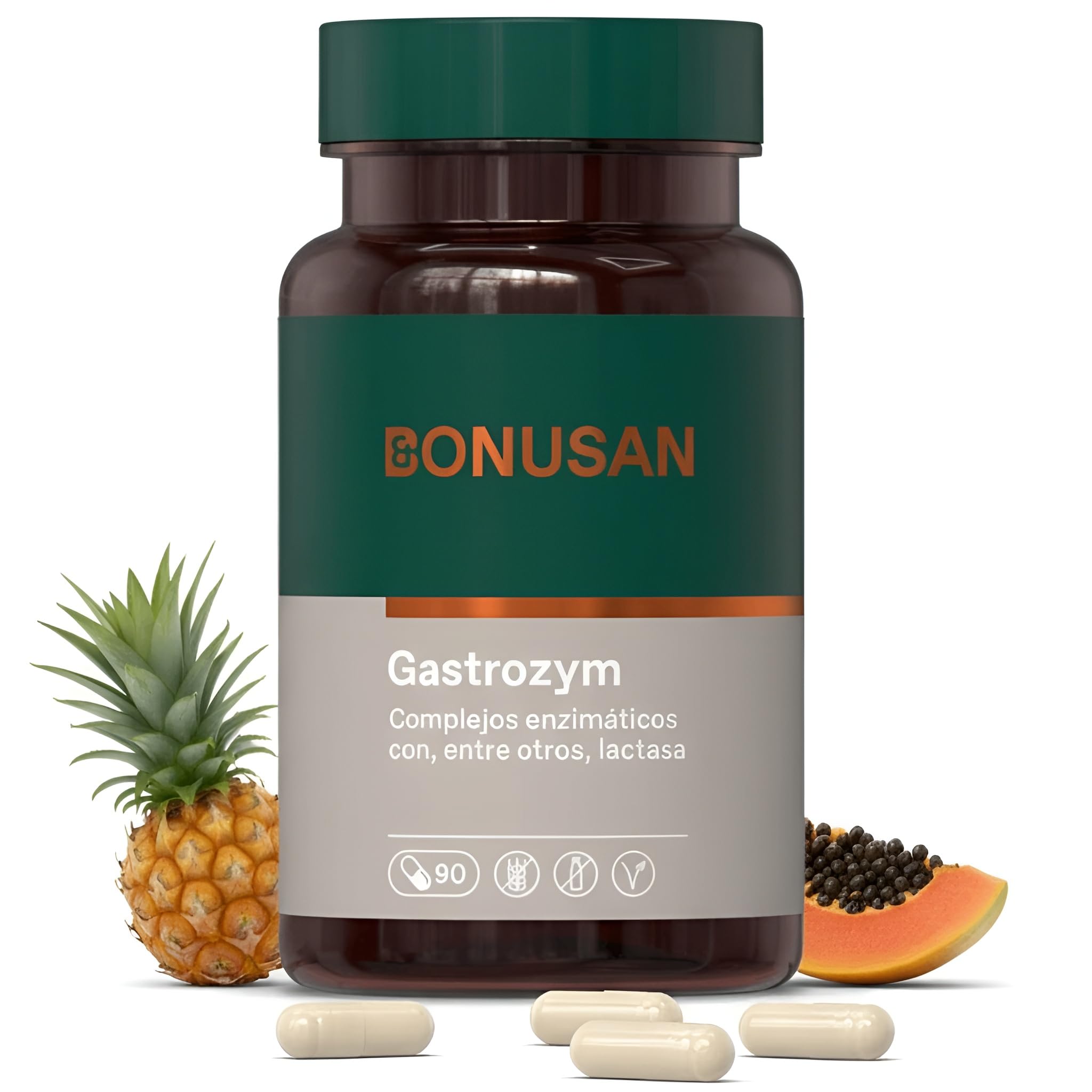 Bonusan Gastrozym 90 Cápsulas Vegetales - Enzimas Digestivas - Complejo Enzimático con Alfa-galactosidasa, Amilasa, Lactasa y Proteasa - Para Salud Digestiva
