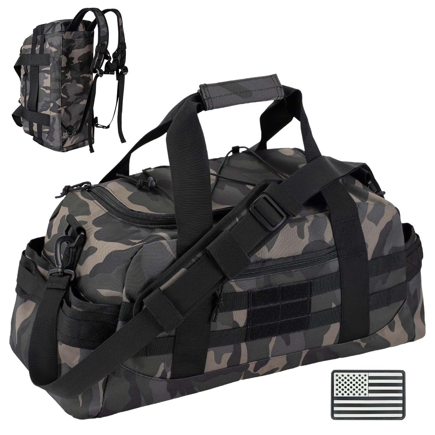 Hannibal Tactical Large Duffle Bag, Tactical Backpack MOLLE Pack for Sports/Gym/Outdoor, Black Camo, 35L