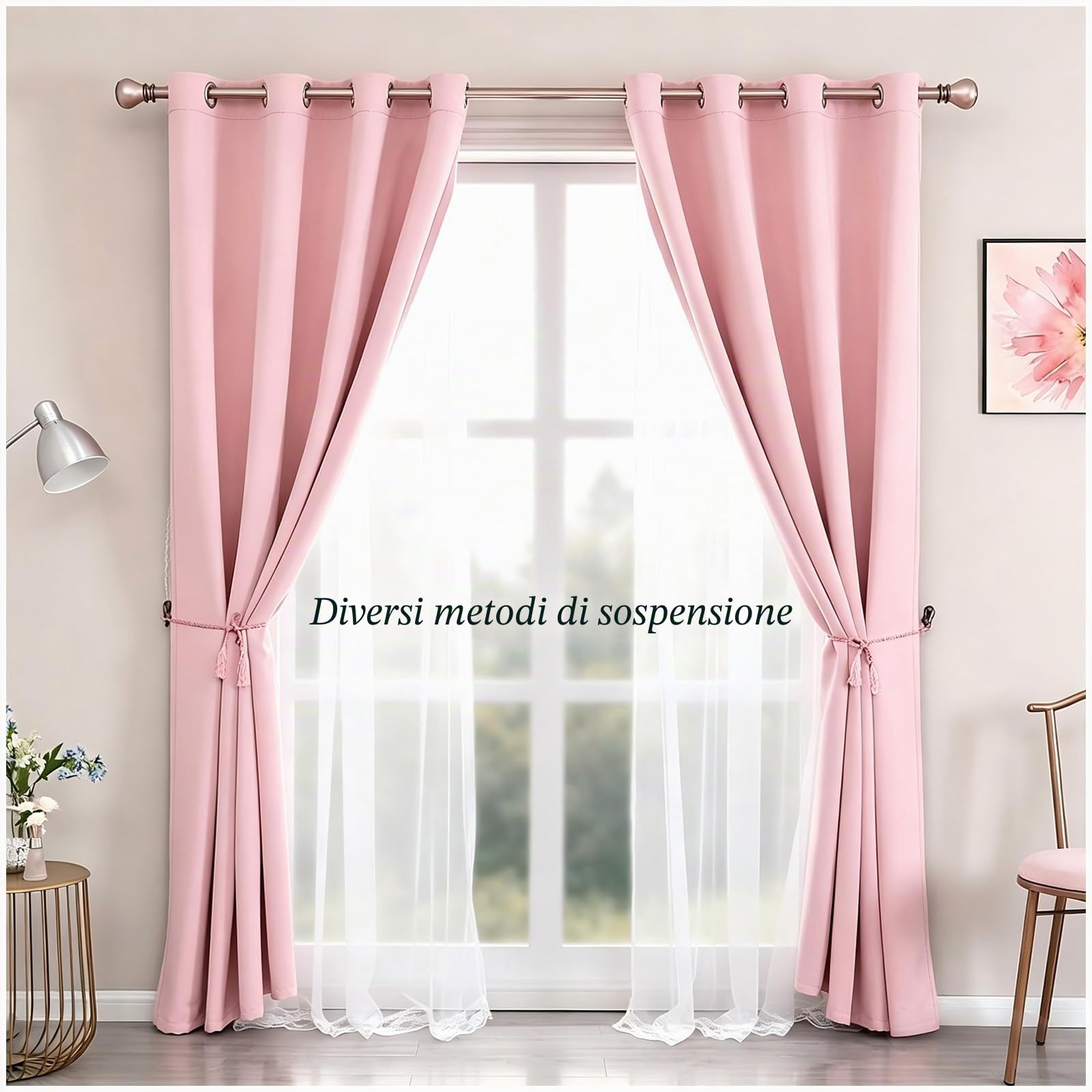 Tende oscuranti rosa 213,4 cm di lunghezza, a doppio strato, per camera da letto dei bambini, soggiorno, cameretta dei bambini, orlo in pizzo rosa, 2 pezzi