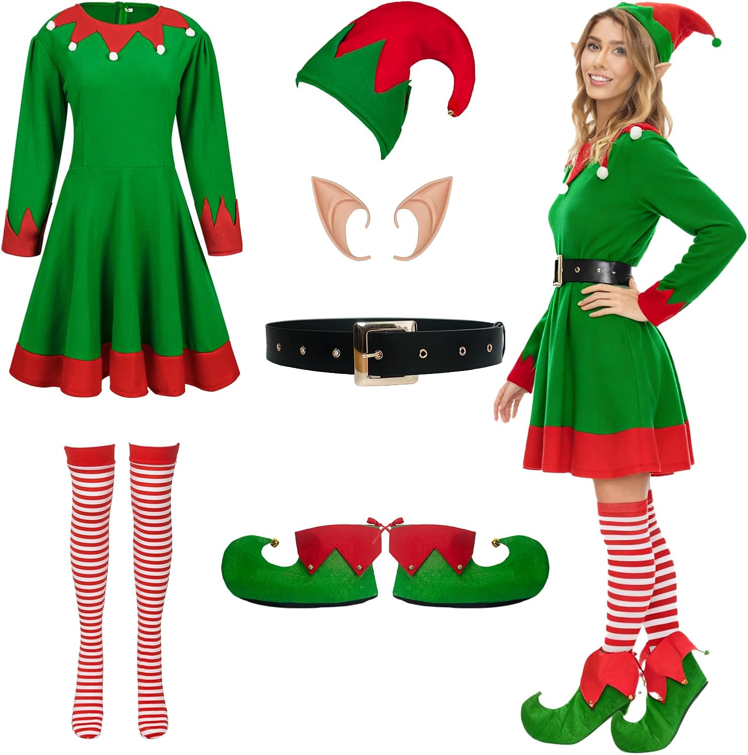Elves Costume for Women,Womens Christmas Costumes with Dress Hat Ears Belt Shoes Cover and Socks