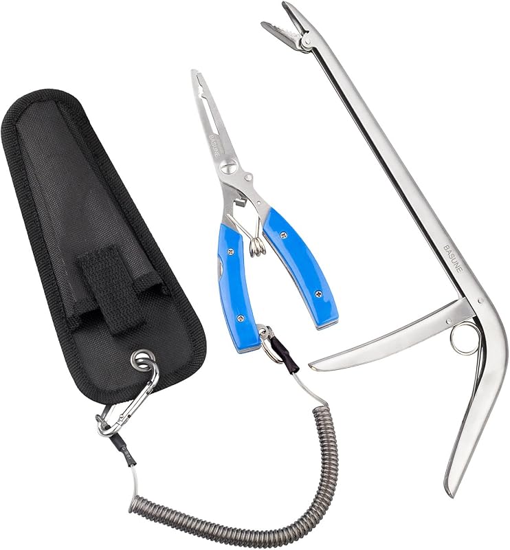 Alicates de pesca BASUNE y eliminador de anzuelos con cortador de línea, herramienta de eliminación de anzuelos de nariz curva con funda de nylon y juego de aparejos de pesca (azul)