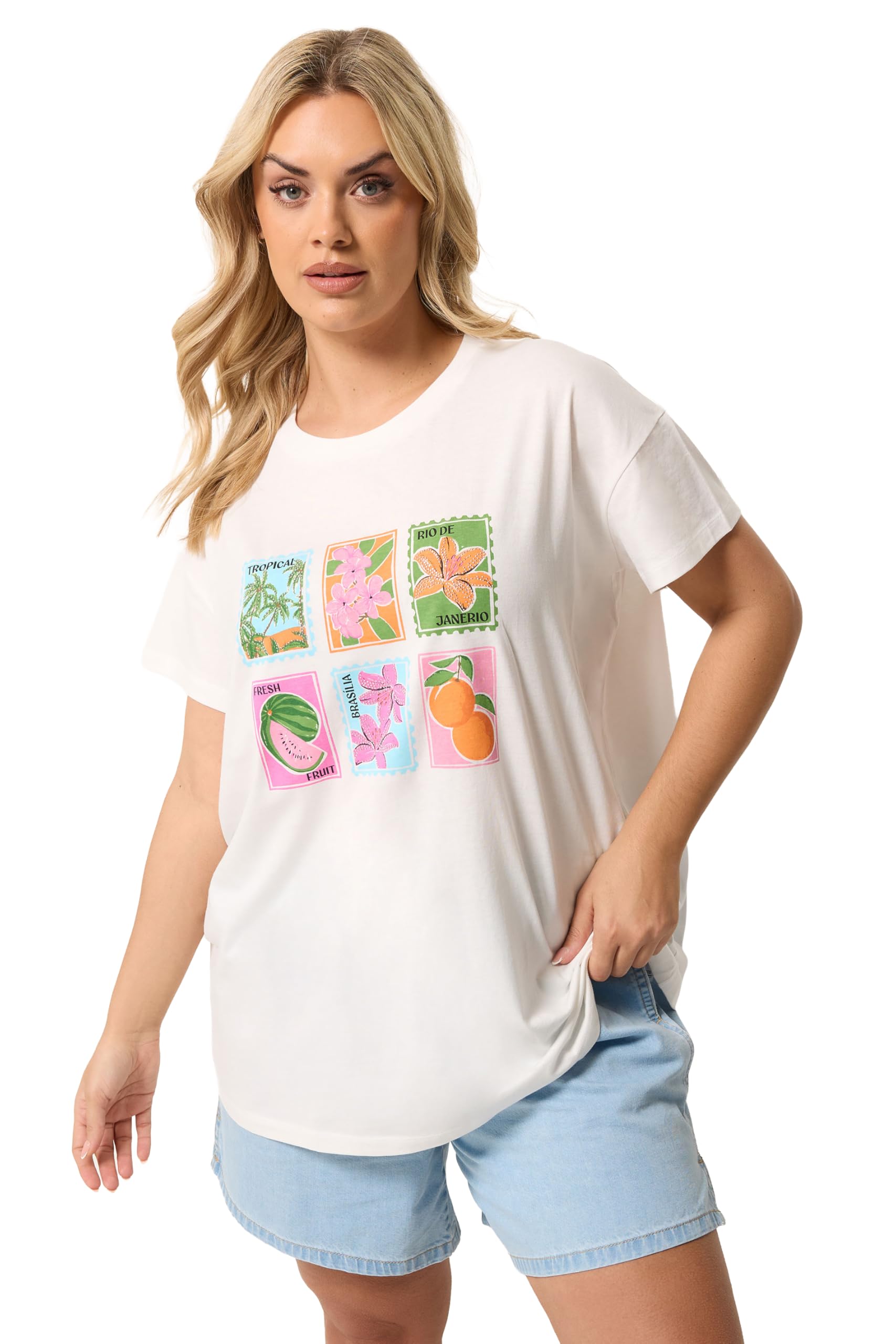 Yours Women's White Tropical Postcard Relaxed T-Shirt In Size 22-24