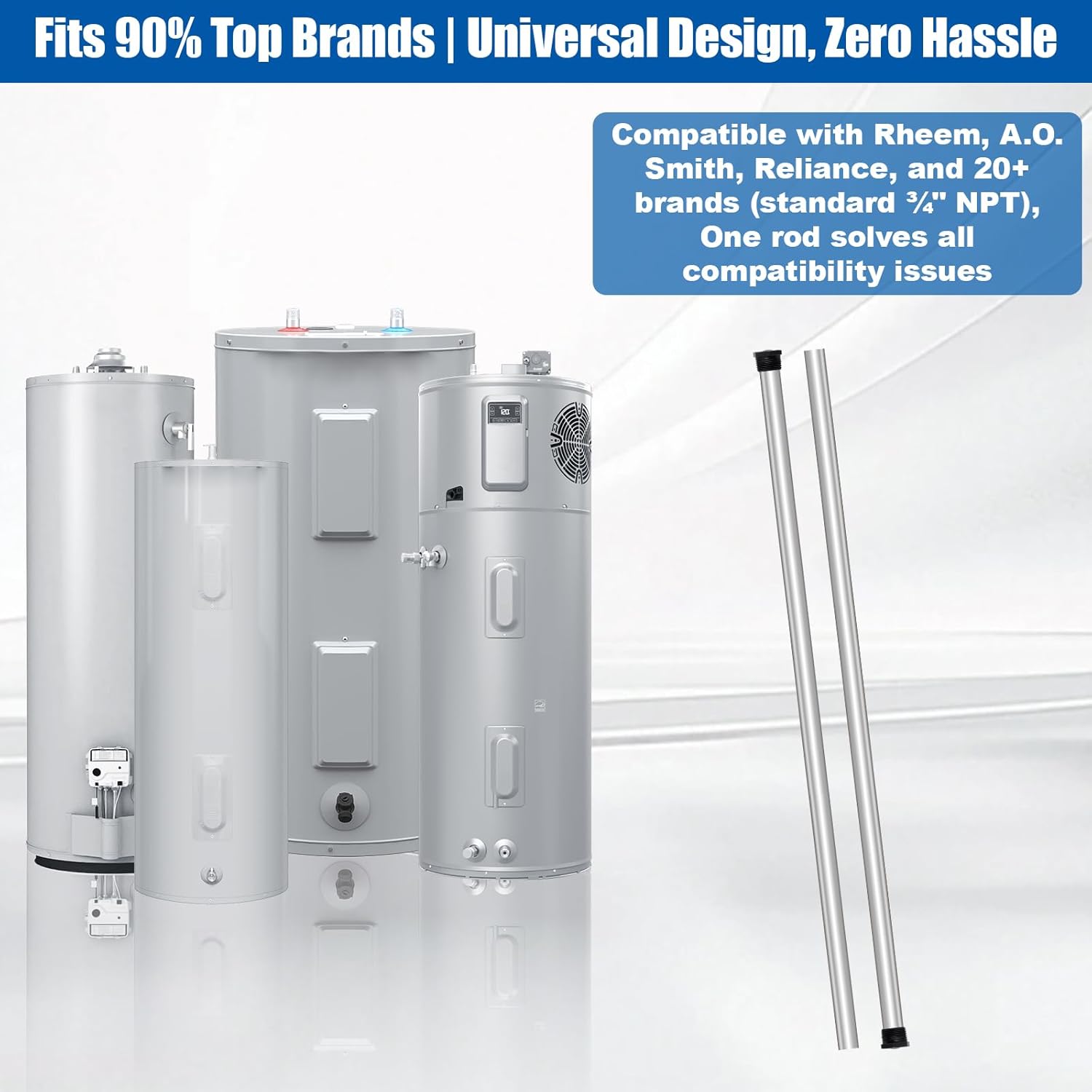 Magnesium Anode Rod for Hot Water Heater Compatible with Reliance Rheem Richmond GE Tanks Universal 32 Inches x Three Quarter 3/4" NPT Thread, 0.84" Diameter Hex Plug 2