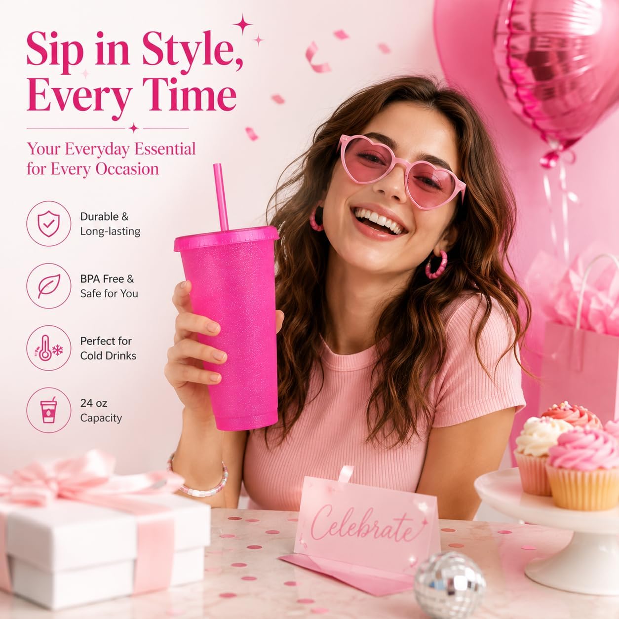 Haundry 12 Pieces Reusable Cups with Lids and Straws, 24 oz Glitter Plastic Tumbler Iced Coffee Cups Travel Mug Cup for Birthday Party, Smoothie Juices Beach Party, Bachelor Party (HOT PINK)