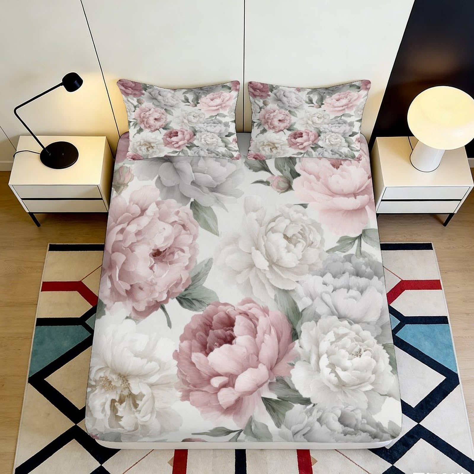 3D Printed Peony Blossom Fitted Sheet Microfiber Floral Dream Mattress Cover for Bedroom Guest Room Decor Easy Care 90x200x25cm