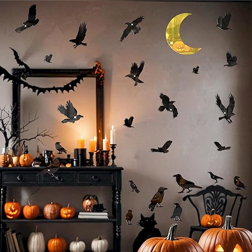 Barri Design Pegatinas de espejo de acrílico para Halloween, cuervo, espejo acrílico, pegatinas de pared 3D de Halloween, calcomanías de pared