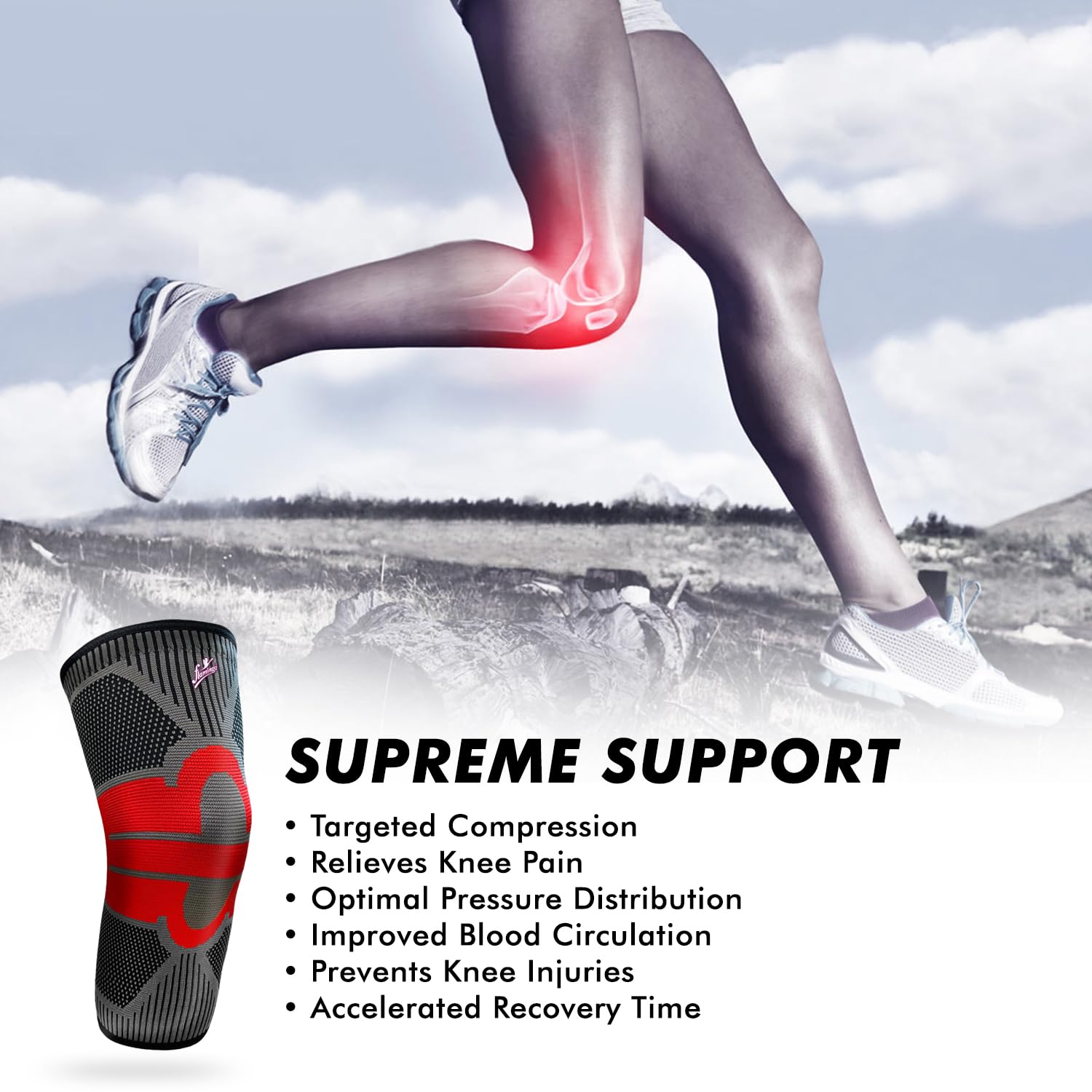 Flamingo Super Premium Knee Cap for Men & Women | Knee Support Brace for Pain Relief, Sports, Gym, Arthritis & Injury Recovery | Breathable Compression Sleeve - Black & Red | Medium 1