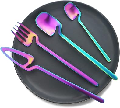 8-Piece Rainbow Hanging Cup Silverware Flatware Set Service for 2, Colorful Stainless Steel Cutlery Utensil Set Includes Forks Knives Spoons, Dishwasher Safe