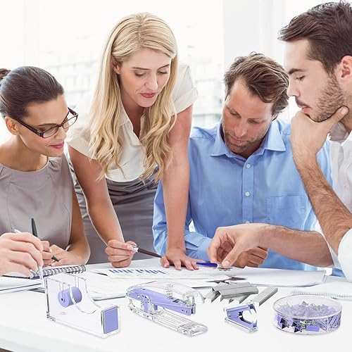 Miniatura 5 de Juego de suministros de oficina, juego de accesorios de escritorio, juego de grapas acrílicas, dispensador de cinta, clips para carpeta, clips de