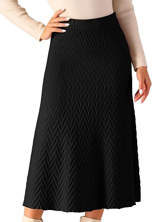 Seta T Womens Ribbed Knit A-Line Skirts Elastic High Waist Stretchy Sweater Midi Skirt