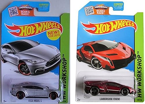 Juego de 2 autos Hot Wheels Tesla Model S y Lamborghini Veneno rojo 2015