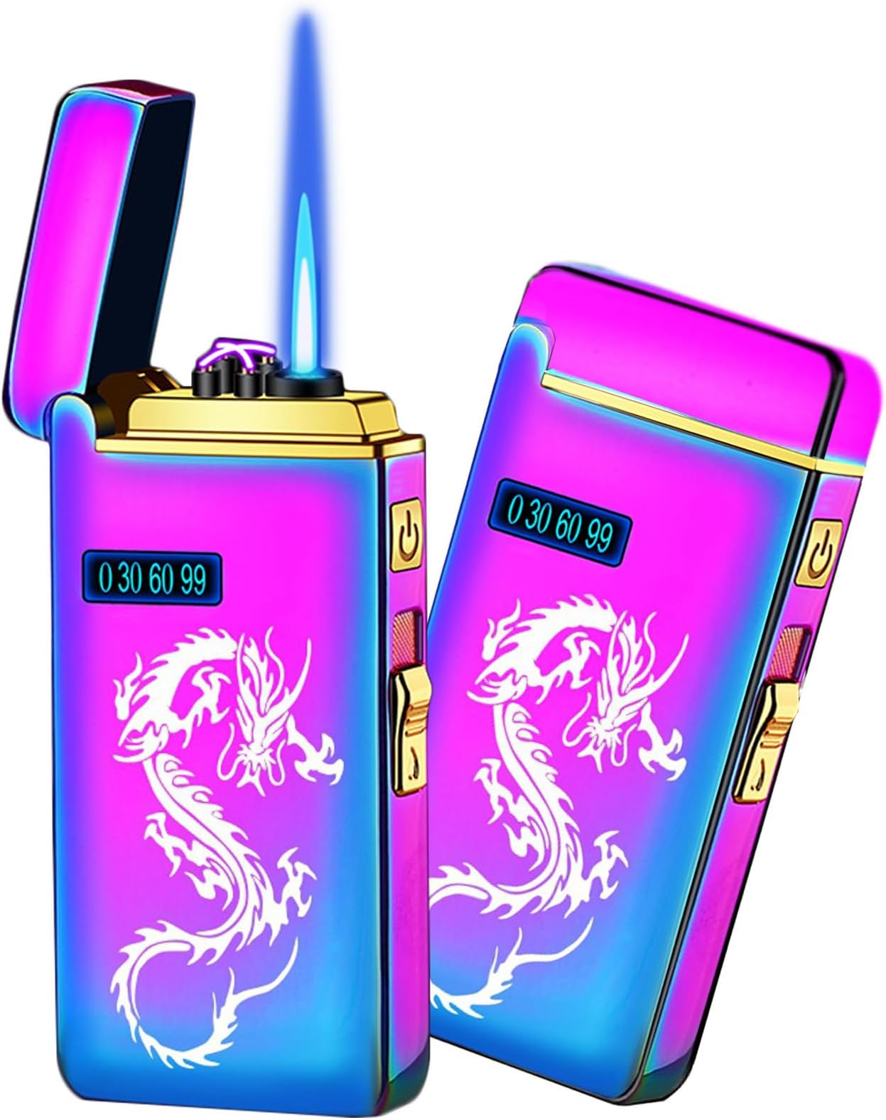 Electronic Lighter Jet Flame Torch Lighters 2 in 1, Refillable Butane Electric USB Rechargeable, Premium Windproof with LED Display Power Infinity for BBQs,Candle,Camping (Color ice Dragon)